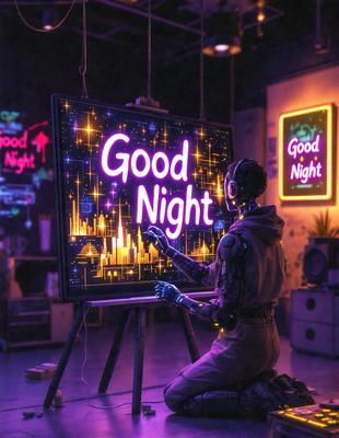 The primary subject of the image is a robot or a person in a robot costume, sitting in front of a painting or a drawing of a city at night. The setting appears to be a dark room, and the visual style is a combination of a photo and digital art. The colors and mood of the image are predominantly purple, creating a moody and artistic atmosphere.
