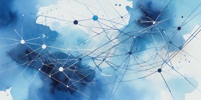 The primary subject of the image is a blue and white painting of a network of interconnected lines. The setting is a blue background, and the visual style appears to be a digital art or illustration. The dominant colors are blue and white, creating a calm and serene atmosphere.