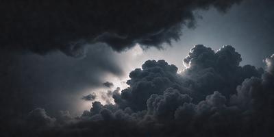 The primary subject of the image is a cloudy sky with dark clouds. The setting is a nighttime scene, and the visual style appears to be a photo. The sky is filled with dark clouds, creating a moody atmosphere. The colors in the image are predominantly dark shades, such as black, gray, and brown, which contribute to the overall mood of the scene.
