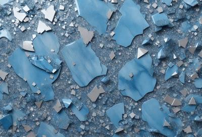 The primary subject of the image is a blue surface with a pattern of shattered glass or broken pieces. The setting appears to be a wall or a countertop with a blue background. The visual style of the image is a close-up of the blue surface with the broken glass pieces. The colors and mood of the image are predominantly blue, giving it a calm and serene atmosphere.