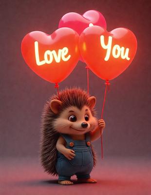 The primary subject of the image is a small toy hedgehog holding two red balloons that spell out "I love you." The setting is a dark background, and the visual style appears to be a digital illustration. The colors and mood of the image are predominantly red, which adds a warm and affectionate tone to the scene.