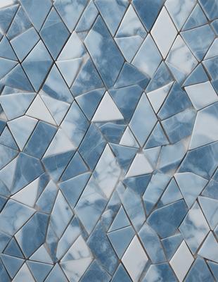 The primary subject of the image is a blue and white tile wall. The setting is a room with a blue and white tile backdrop. The visual style is a patterned tile wall, which gives the image a unique and artistic appearance. The dominant colors are blue and white, creating a calm and soothing atmosphere.