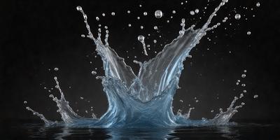 The primary subject of the image is a splash of water, which is the main focus of the scene. The water is blue and appears to be in motion, creating a dynamic and visually appealing image. The setting is a dark background, which contrasts with the bright blue water, adding depth and emphasizing the water's movement. The visual style of the image is a combination of photo and digital art, as it captures the essence of a water splash while maintaining a sense of realism. The colors and mood of the image are predominantly blue, which gives it a calming and serene atmosphere.