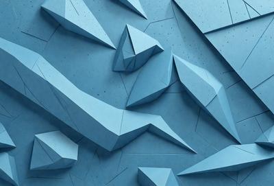 The primary subject of the image is a blue wall with a unique design. The wall features a pattern of blue triangles, giving it a modern and visually appealing appearance. The setting is indoors, with the wall being the main focus of the scene. The visual style of the image is a combination of digital art and illustration, creating a striking and eye-catching design. The dominant colors in the image are blue, which is used extensively in the triangles, and white, which is used for the background. The overall atmosphere of the image is modern, creative, and visually engaging.