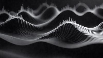 The primary subject of the image is a series of black and white waves, which appear to be a pattern or a digital art piece. The setting is a black background, which contrasts with the waves, creating a visually striking composition. The visual style is a combination of digital art and illustration, with the waves resembling a mountain range. The colors and mood of the image are predominantly black and white, giving it a minimalist and modern feel.