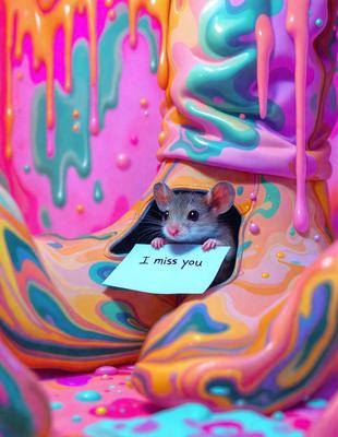 The primary subject of the image is a small mouse sitting inside a chair. The chair is colorful and has a patterned design. The mouse is holding a note that reads "I miss you." The setting appears to be a playful and creative environment, possibly a children's room or a whimsical art installation. The visual style of the image is a combination of photo and digital art, creating a unique and imaginative scene. The colors and mood of the image are bright, cheerful, and heartwarming, reflecting the emotions conveyed by the mouse's note.