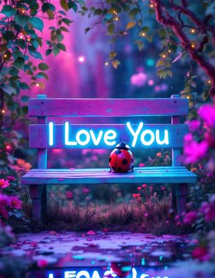 The primary subject of the image is a bench with a neon sign that reads "I Love You" on it. The bench is situated in a garden setting, surrounded by flowers and greenery. The visual style of the image is a combination of photo and digital art, creating a unique and eye-catching display. The dominant colors in the image are pink and purple, giving the scene a warm and romantic atmosphere.
