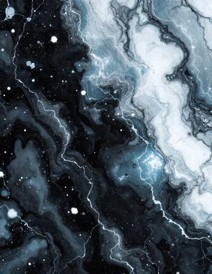 The primary subject of the image is a black and white drawing of a galaxy. The setting is a black background, which contrasts with the white stars and other celestial elements in the drawing. The visual style is a combination of digital art and illustration, creating a detailed and intricate representation of the galaxy. The colors and mood of the image are predominantly dark and moody, with the white stars providing a touch of brightness and contrast.