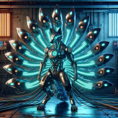 The primary subject of the image is a futuristic robot with a fox-like appearance. The robot is standing in a room with a backdrop of neon lights, giving the scene a futuristic and technological atmosphere. The visual style of the image is digital art, as it appears to be a computer-generated or digitally rendered creation. The dominant colors in the image are neon green and blue, which contribute to the overall mood of the scene.
