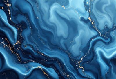 The primary subject of the image is a blue and gold marbled surface, which appears to be a painting or a digital artwork. The setting is a blue and gold marbled background, creating a visually striking and unique environment. The visual style is a combination of painting and digital art, resulting in a vibrant and artistic representation of the marbled surface. The colors and mood of the image are predominantly blue and gold, giving it a luxurious and elegant appearance.