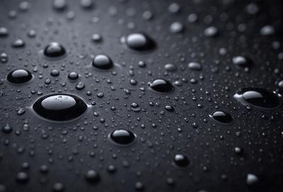The primary subject of the image is a close-up of a raindrop on a black surface. The setting is a dark background, and the visual style appears to be a photo. The dominant colors are black and white, with the raindrop being the only color visible. The overall atmosphere is moody and dramatic.