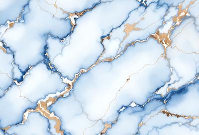 The primary subject of the image is a blue and white marble wall. The setting is a room with a blue and white marble floor. The visual style is a photo of the marble wall. The dominant colors are blue and white, creating a calm and serene atmosphere.