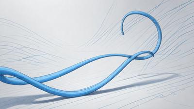 The primary subject of the image is a blue, curly, and twisted line. The setting is a white background, which provides a clean and uncluttered environment for the line to be the main focus. The visual style is a combination of digital art and illustration, as the line appears to be drawn or digitally created. The colors and mood of the image are predominantly blue, giving it a calm and serene atmosphere.