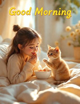The primary subject of the image is a young girl sitting on a bed, feeding a small kitten from a bowl. The setting is a cozy bedroom, with a bed visible in the background. The visual style is a combination of photo and digital art, creating a warm and inviting atmosphere. The colors are predominantly warm and soft, with the girl's outfit and the kitten's fur being the main focus. The overall mood of the image is one of comfort and affection, as the girl and the kitten share a tender moment together.