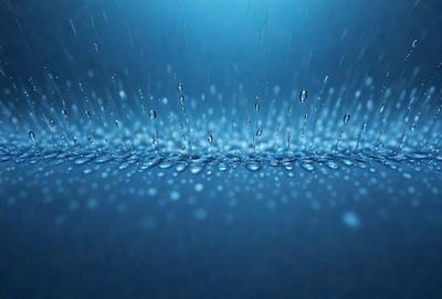 The primary subject of the image is a close-up of raindrops falling on a blue surface. The setting appears to be a dark, possibly nighttime, environment. The visual style is a photo, capturing the raindrops as they fall. The colors are predominantly blue, with the raindrops appearing as white droplets against the dark blue background. The overall atmosphere is one of calmness and tranquility, as the raindrops gently fall and create a soothing visual effect.
