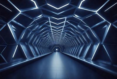 The primary subject of the image is a long, narrow, and dark tunnel. The setting is a tunnel with a blue light illuminating the space. The visual style is a photo, and the colors and mood are predominantly dark and moody.