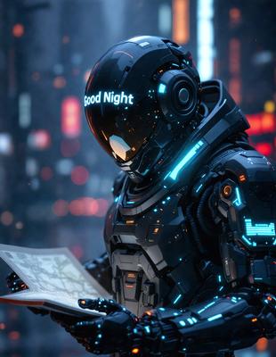 The primary subject of the image is a futuristic robot wearing a black suit and holding a book. The robot is standing in a cityscape with a lit-up skyline in the background. The visual style of the image is digital art, giving it a futuristic and technological appearance. The colors and mood of the image are predominantly dark and moody, with the lit-up skyline providing a contrasting element of brightness.