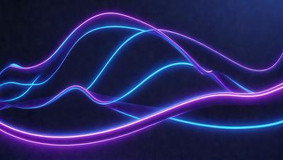 The primary subject of the image is a purple and blue light pattern, which appears to be a digital art or illustration. The setting is a dark background, and the visual style is a combination of purple and blue neon lights. The colors and mood of the image are vibrant and energetic, creating a sense of movement and dynamism.