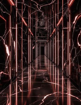 The primary subject of the image is a hallway with a marble floor. The setting is a black and white photo, giving it a classic and timeless appearance. The visual style is a combination of black and white photography and digital art, creating a unique and artistic representation of the hallway. The colors and mood of the image are predominantly black and white, with a touch of red from the marble floor, giving it a sophisticated and elegant atmosphere.