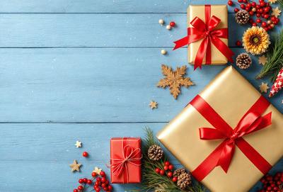 The primary subject of the image is a close-up of a Christmas gift, which is placed on a blue surface. The setting is a festive environment, likely a holiday celebration. The visual style is a combination of photo and digital art, creating a realistic yet artistic representation of the gift. The colors and mood of the image are predominantly blue and red, reflecting the traditional Christmas colors and creating a warm, joyful atmosphere.