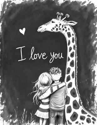 The primary subject of the image is a man and a woman hugging each other. They are standing in front of a giraffe, which is the setting and background of the scene. The visual style of the image is a black and white drawing, giving it a classic and timeless appearance. The dominant colors are black and white, creating a mood of simplicity and intimacy.