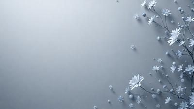 The primary subject of the image is a close-up of a flower, which is the main object of the image. The setting is a white wall, and the visual style is a digital art or illustration. The dominant colors are white and blue, creating a clean and serene atmosphere.