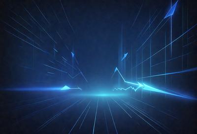 The primary subject of the image is a blue light streak, which appears to be a digital art or illustration. The setting is a dark background, and the visual style is futuristic and dynamic. The colors and mood of the image are predominantly blue, creating a sense of speed and motion.