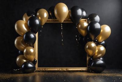 The primary subject of the image is a gold frame with a black and gold balloon arrangement. The setting is a dark background, and the visual style appears to be a combination of photo and digital art. The colors and mood of the image are predominantly black, gold, and dark, creating a sophisticated and elegant atmosphere.