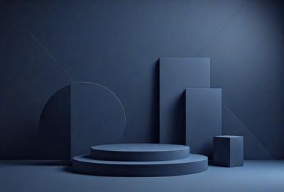 The primary subject of the image is a blue wall with a row of four blue blocks or cubes. The setting is a dark room, and the visual style appears to be a digital art or illustration. The dominant colors are blue, and the overall atmosphere is calm and minimalistic.