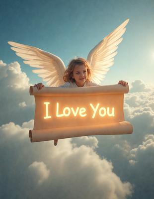 The primary subject of the image is a young girl dressed as an angel, holding a sign that reads "I Love You." The setting is a cloudy sky, and the visual style appears to be a combination of photo and digital art. The colors are predominantly white and yellow, creating a warm and loving atmosphere.