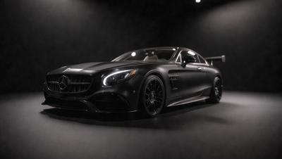 The primary subject of the image is a black sports car. The setting is a dark room, and the visual style appears to be a photo. The car is the main focus of the image, and the overall atmosphere is dark and dramatic.