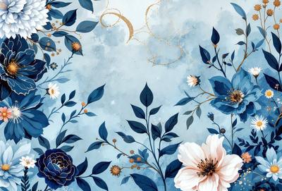 The primary subject of the image is a blue and white floral pattern. The setting is a blue background, and the visual style appears to be a combination of digital art and illustration. The dominant colors are blue and white, creating a calm and serene atmosphere.