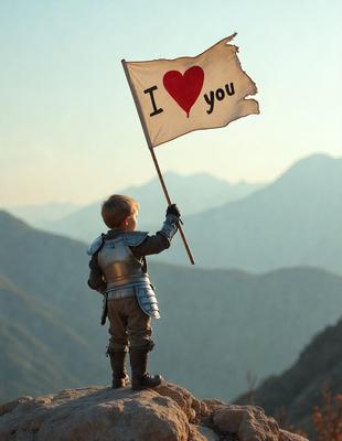 Primary subject: A young boy holding a flag with the words "I love you" written on it.

Setting/background: The boy is standing on a rocky hill, with mountains in the background.

Visual style: The image is a photo of the young boy.

Colors and mood: The image has a warm and heartfelt atmosphere, with the boy holding the flag and the mountains in the background.