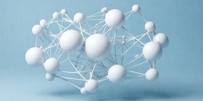 The primary subject of the image is a white, three-dimensional object that resembles a web or a network. The object is composed of numerous white spheres, which are connected by white strings. The setting is a blue background, which provides a contrasting color to the white spheres and strings. The visual style of the image is a combination of digital art and illustration, as it appears to be a three-dimensional representation of a web or network. The colors and mood of the image are predominantly white and blue, giving it a clean and calm atmosphere.