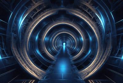 The primary subject of the image is a tunnel with a blue light illuminating it. The tunnel appears to be made of metal and has a futuristic, space-like atmosphere. The setting is a dark, enclosed space, and the visual style is a combination of photo and digital art. The dominant colors are blue and black, creating a sense of depth and mystery.