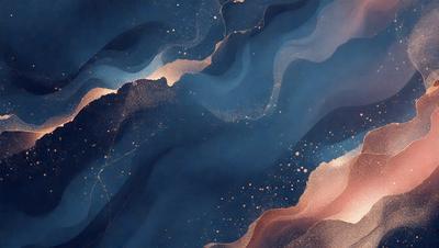 The primary subject of the image is a blue and white ocean scene with a starry night background. The setting is a vast expanse of water, and the visual style is a combination of photo and digital art. The colors and mood of the image are predominantly blue and white, creating a serene and calming atmosphere.