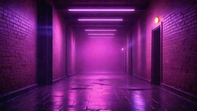 The primary subject of the image is a purple hallway with a brick wall. The setting is a dark, narrow passage with a purple glow. The visual style is a digital art or illustration, creating a surreal and mysterious atmosphere. The dominant colors are purple and black, with the purple light illuminating the hallway.