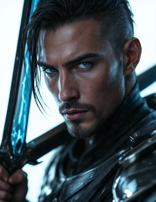 The primary subject of the image is a man with long hair, holding a sword. He is wearing a black outfit and has a piercing blue gaze. The setting appears to be a dark room, and the visual style is a close-up of the man holding the sword. The colors in the image are predominantly dark, with the man's blue eyes being the most prominent feature. The overall atmosphere of the image is intense and dramatic.