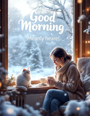 The primary subject of the image is a woman sitting on a couch, holding a cup of coffee. She is accompanied by a white cat, which is sitting on a window sill. The setting is a cozy indoor environment, with a window providing a view of the outdoors. The visual style is a combination of photo and digital art, creating a warm and inviting atmosphere. The colors are predominantly white and brown, with the white cat and the woman's clothing adding a touch of warmth to the scene.