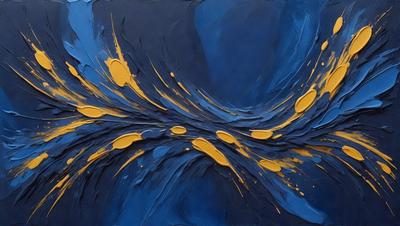 The primary subject of the image is a painting featuring a blue background with yellow and orange splashes. The painting appears to be a digital artwork, showcasing a unique visual style. The colors and mood of the painting are vibrant and energetic, creating a lively atmosphere.