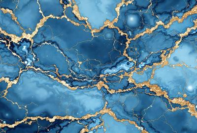The primary subject of the image is a blue and gold marbled wall. The setting is a room with a blue and gold marbled wall, which serves as the background. The visual style is a close-up of the marbled wall, showcasing its intricate patterns and textures. The dominant colors are blue and gold, creating a rich and luxurious atmosphere.