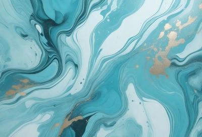 The primary subject of the image is a blue and gold swirling pattern, which appears to be a painting or a digital artwork. The setting is a white background, which provides a clean and uncluttered environment for the artwork. The visual style is a mix of digital art and painting, creating a unique and eye-catching piece. The dominant colors are blue and gold, which evoke a sense of calmness and sophistication.