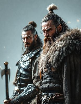 The primary subject of the image is a man with a beard and a ponytail, wearing a suit and holding a sword. He is standing next to another man, who is also wearing a suit and holding a sword. The setting appears to be a dark room, and the visual style is a combination of photo and digital art. The dominant colors in the image are black and grey, creating a moody atmosphere.