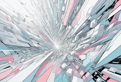 The primary subject of the image is a large, colorful, and abstract artwork featuring a mix of pink, blue, and white colors. The setting is a white background, which contrasts with the vibrant colors of the artwork. The visual style is a combination of digital art and illustration, creating a unique and eye-catching piece. The overall atmosphere is energetic and dynamic, with the artwork appearing to be a blend of different shapes and textures.