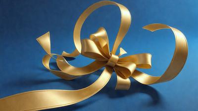 The primary subject of the image is a gold bow, which is the main object, scene, or focus of the image. The setting is a blue background, and the visual style is a photo. The colors and mood of the image are predominantly gold and warm, creating a sense of elegance and sophistication.