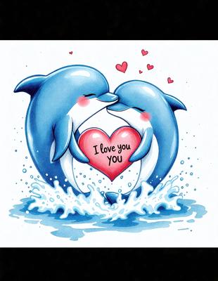 The primary subject of the image is a heart-shaped sign with two dolphins hugging each other. The dolphins are blue and white, and they are positioned in a way that they appear to be kissing. The setting is a water surface, and the visual style is a combination of digital art and illustration. The colors are predominantly blue and white, creating a calm and soothing atmosphere.
