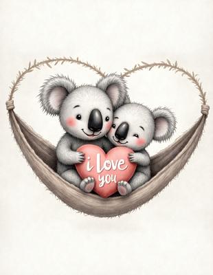 The primary subject of the image is a heart-shaped card with two koalas sitting in it. The koalas are holding a heart, and the card reads "I love you." The setting is a hammock, and the visual style is a digital illustration. The colors are predominantly pink and white, creating a warm and loving atmosphere.