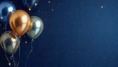 The primary subject of the image is a group of balloons floating in the air. The balloons are of various colors, including gold, blue, and green. The setting is a dark blue background, which contrasts with the vibrant colors of the balloons. The visual style of the image is a close-up of the balloons, showcasing their details and textures. The overall atmosphere of the image is festive and joyful, as the balloons are often associated with celebrations and special occasions.
