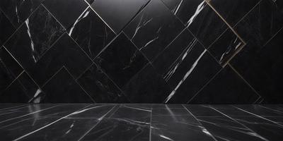 The primary subject of the image is a black and white marble tile wall. The setting is a bathroom, with the wall being the main focus of the scene. The visual style is a photo, capturing the intricate patterns and textures of the marble tile. The colors and mood of the image are predominantly black and white, giving it a classic and elegant appearance.