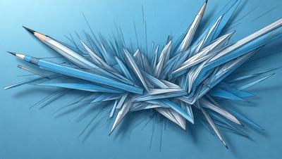 The primary subject of the image is a large, colorful, and abstract artwork made of various shapes and colors. The setting is a blue background, which adds to the overall visual style. The artwork appears to be a combination of digital art, illustration, and drawing, creating a unique and vibrant pattern. The dominant colors in the artwork are blue, white, and gray, giving it a cool and modern atmosphere.